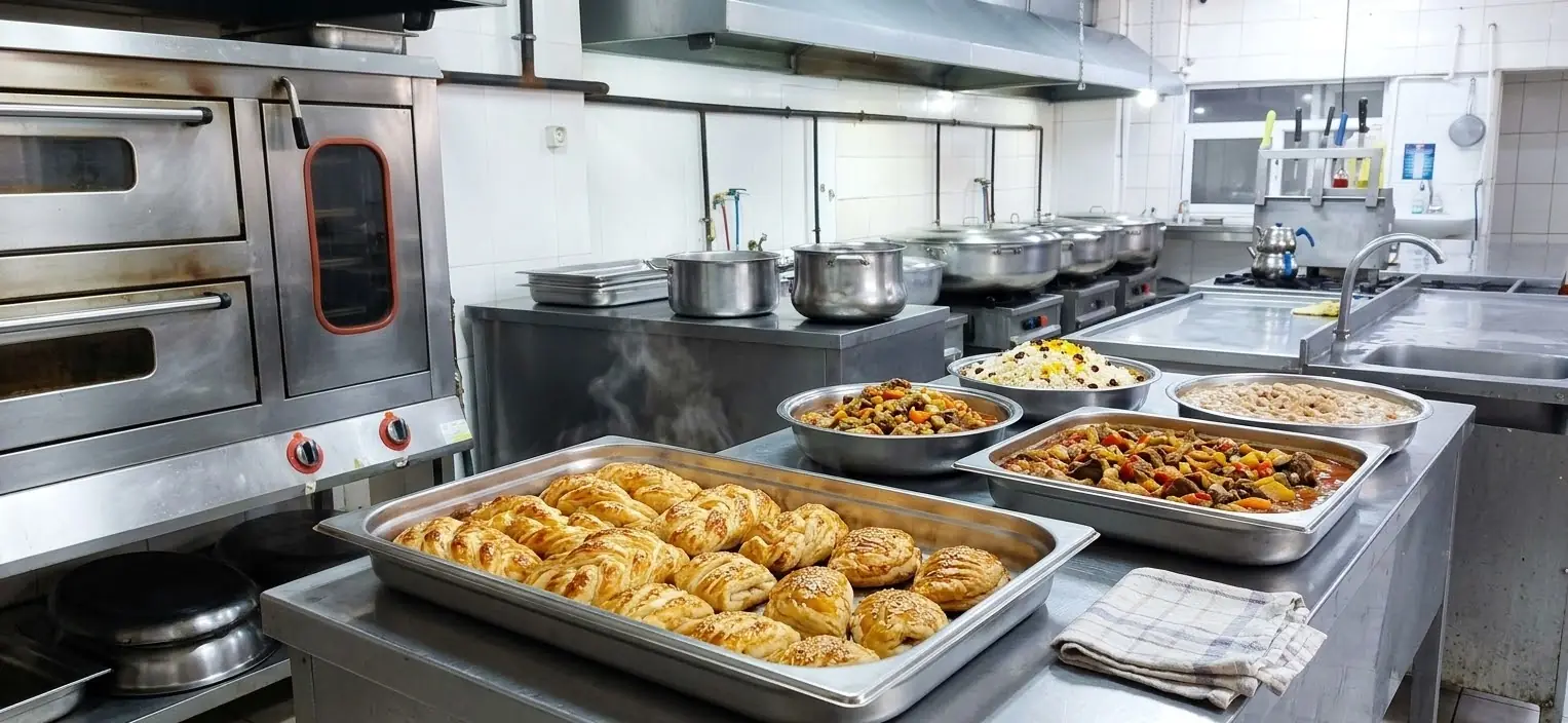 Fırından yeni çıkmış börek tepsisi ve sulu yemekler