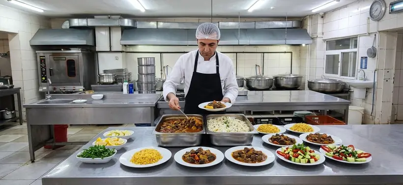 Aşçı tabldot tabaklarına et yemeği, pilav ve salata servis ediyor